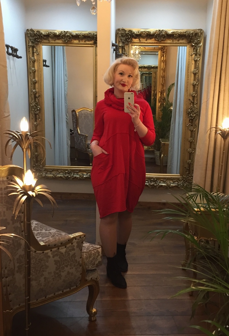 Cowl scarf tunic dress red