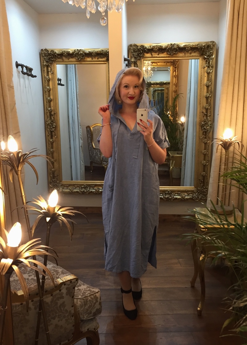 Hooded Linen Dress Blue