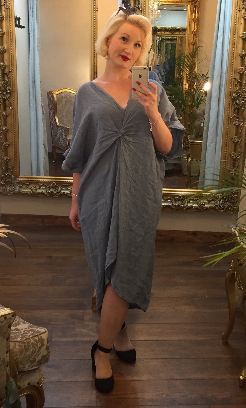 Tie Front Linen Dress Blue