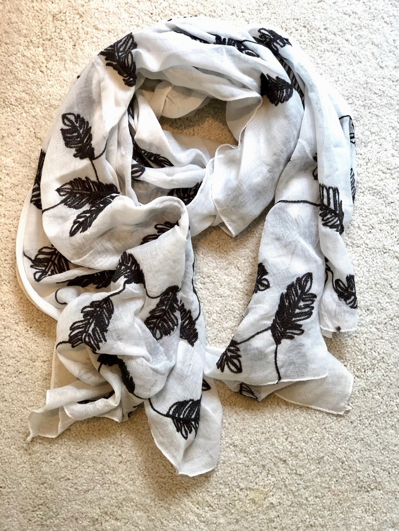 Black leaf Embroidered Scarf White
