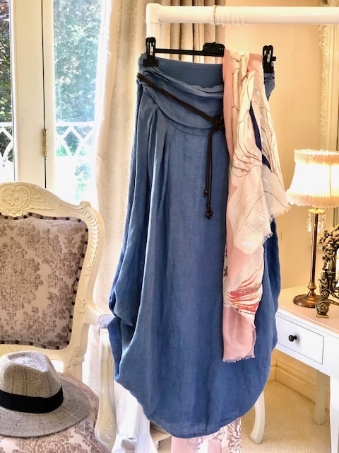 Hitched Sides 100% Linen Skirt Blue Jean