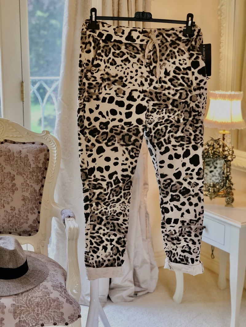 Leopard Print Creased Joggers Stone