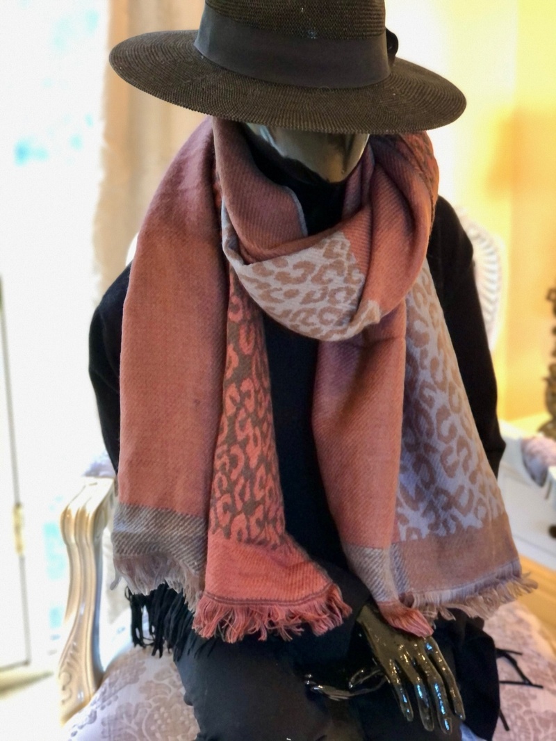 Leopard print Fringe Scarf Blue/ Rust