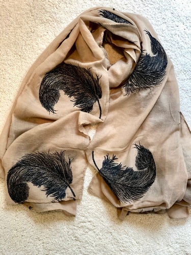 Embroidered Black Feather Scarf Mocha