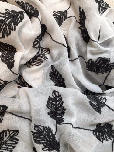 Black leaf Embroidered Scarf White