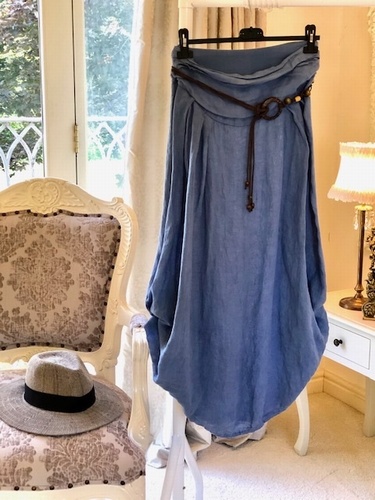 Hitched Sides 100% Linen Skirt Blue Jean