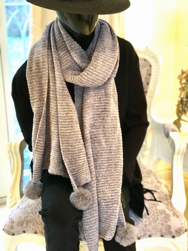Pom Pom Chenille Scarf  Grey