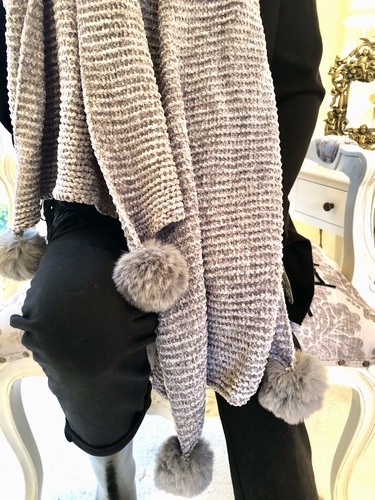 Pom Pom Chenille Scarf  Grey