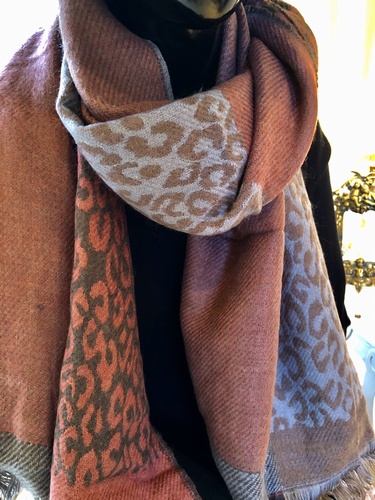 Leopard print Fringe Scarf Blue/ Rust