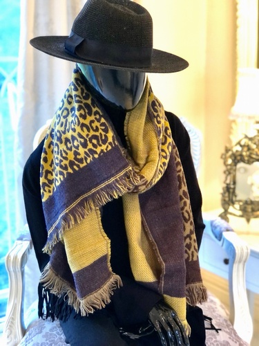 Leopard  print Fringe Scarf Mustard/ Brown