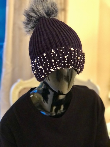 Pearl Pom Hat Navy