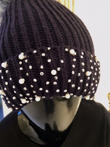 Pearl Pom Hat Navy