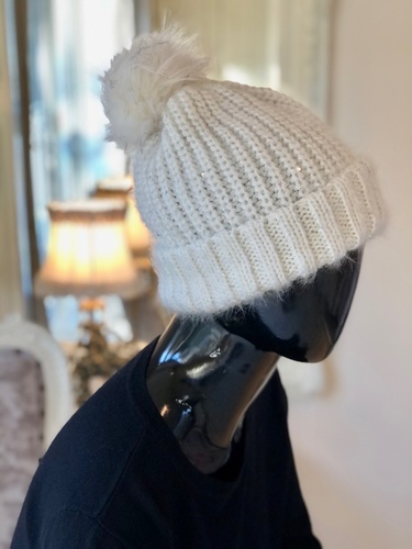 Sequin Pom Hat Winter White