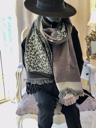 Leopard print Fringe Scarf Mocha/ Pale Green