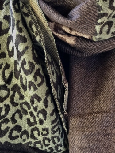 Leopard print Fringe Scarf Mocha/ Pale Green