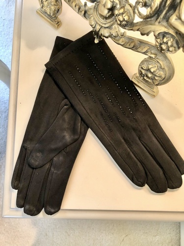 Imitation Suede Diamanté Stud Gloves Black