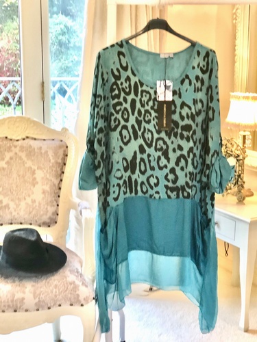Silk Trim Leopard Design Tunic Dress Teal