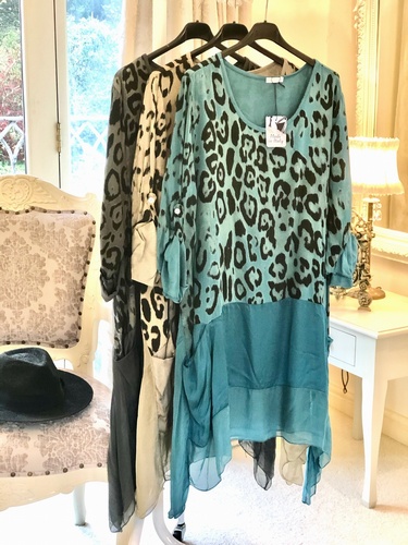 Silk Trim Leopard Design Tunic Dress Teal