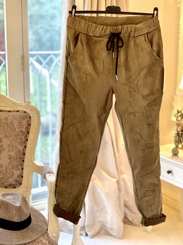 Creased Faux Suede Magic Trouser Khaki